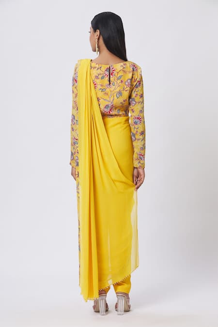 Shop Chhavvi Aggarwal Yellow Crepe And Georgette Floral, Dabka & Sequin Round Pre-draped Pant Saree Set at Aza Fashions Shop_Chhavvi Aggarwal_Yellow Crepe And Georgette Floral, Dabka & Sequin Round Pre-draped Pant Saree Set_at_Aza_Fashions