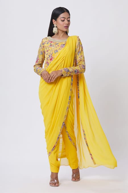 Chhavvi Aggarwal Yellow Crepe And Georgette Floral, Dabka & Sequin Round Pre-draped Pant Saree Set 