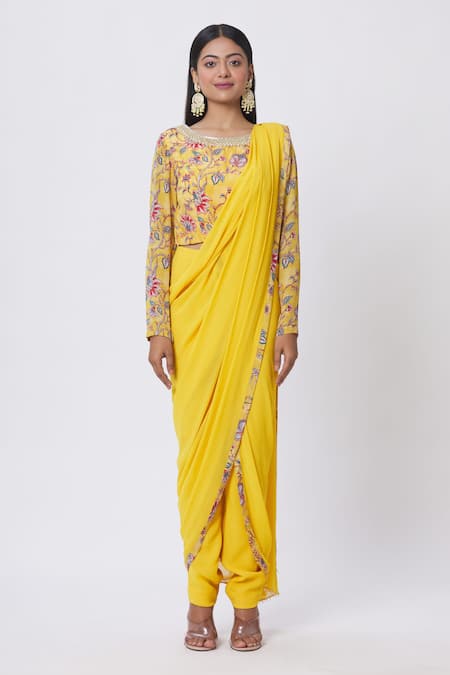 Buy Chhavvi Aggarwal Yellow Crepe And Georgette Floral, Dabka & Sequin Round Pre-draped Pant Saree Set Online at Aza Fashions Buy_Chhavvi Aggarwal_Yellow Crepe And Georgette Floral, Dabka & Sequin Round Pre-draped Pant Saree Set_Online_at_Aza_Fashions