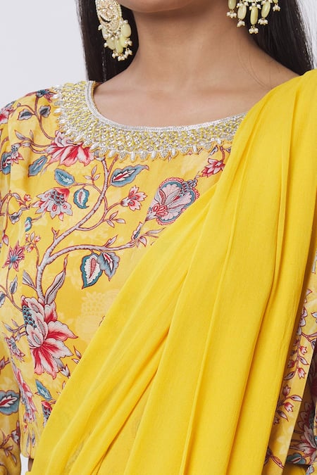 Chhavvi Aggarwal Yellow Crepe And Georgette Floral, Dabka & Sequin Round Pre-draped Pant Saree Set at Aza Fashions Chhavvi Aggarwal_Yellow Crepe And Georgette Floral, Dabka & Sequin Round Pre-draped Pant Saree Set_at_Aza_Fashions