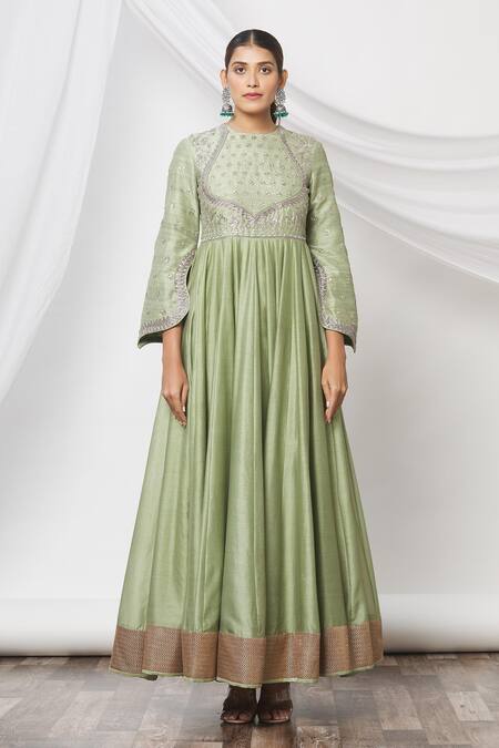 Jayanti Reddy_Green Floral Round Flared Sleeve Anarkali Set _Online_at_Aza_Fashions