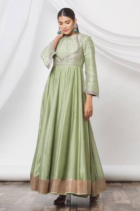 Buy_Jayanti Reddy_Green Floral Round Flared Sleeve Anarkali Set _Online_at_Aza_Fashions