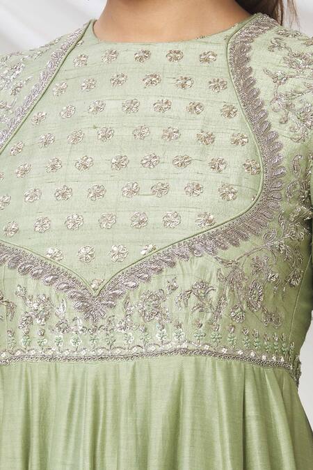 Shop_Jayanti Reddy_Green Floral Round Flared Sleeve Anarkali Set _Online_at_Aza_Fashions