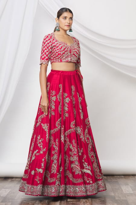 Jayanti Reddy_Red Floral Leaf Neck Embroidered Lehenga Set _Online_at_Aza_Fashions
