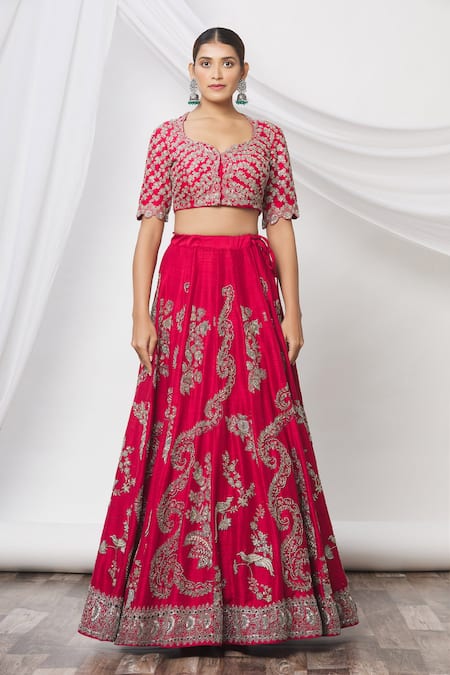 Buy_Jayanti Reddy_Red Floral Leaf Neck Embroidered Lehenga Set _Online_at_Aza_Fashions