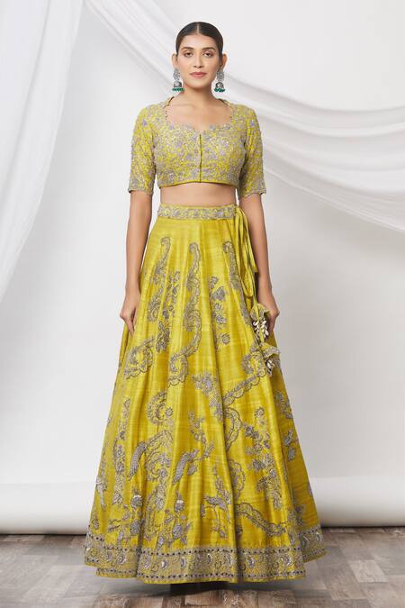Jayanti Reddy_Yellow Floral Leaf Neck Embroidered Lehenga Set _Online_at_Aza_Fashions