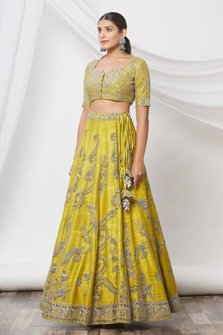 Buy_Jayanti Reddy_Yellow Floral Leaf Neck Embroidered Lehenga Set _Online_at_Aza_Fashions