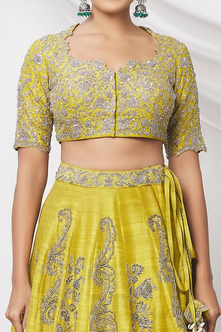 Shop_Jayanti Reddy_Yellow Floral Leaf Neck Embroidered Lehenga Set _Online_at_Aza_Fashions