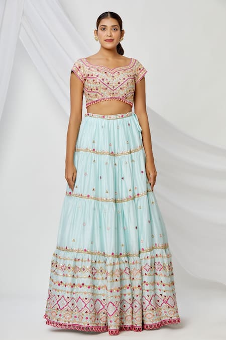 Tamanna Punjabi Kapoor_Blue Scoop Neck Embroidered Tiered Bridal Lehenga Set _Online_at_Aza_Fashions