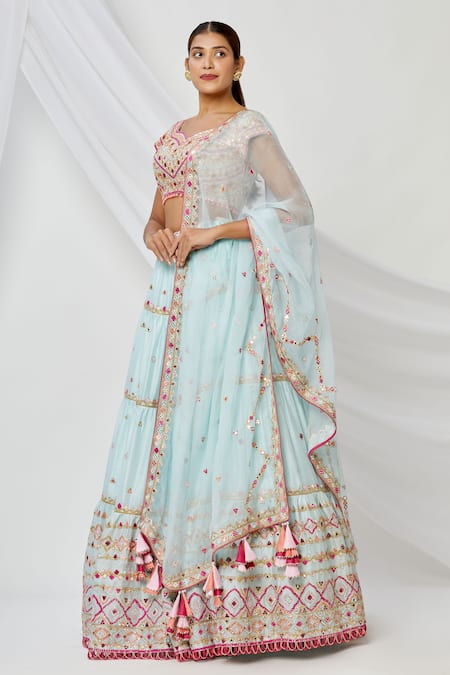 Buy_Tamanna Punjabi Kapoor_Blue Scoop Neck Embroidered Tiered Bridal Lehenga Set _Online_at_Aza_Fashions