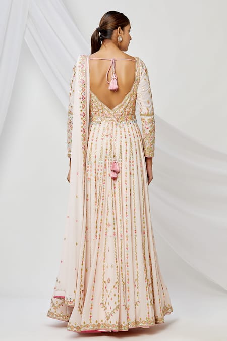 Shop Tamanna Punjabi Kapoor Beige V Neck Embroidered Anarkali With Dupatta at Aza Fashions Shop_Tamanna Punjabi Kapoor_Beige V Neck Embroidered Anarkali With Dupatta _at_Aza_Fashions