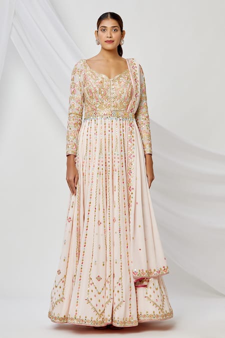 Tamanna Punjabi Kapoor Beige V Neck Embroidered Anarkali With Dupatta Online at Aza Fashions Tamanna Punjabi Kapoor_Beige V Neck Embroidered Anarkali With Dupatta _Online_at_Aza_Fashions