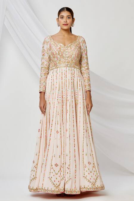 Shop Tamanna Punjabi Kapoor Beige V Neck Embroidered Anarkali With Dupatta Online at Aza Fashions Shop_Tamanna Punjabi Kapoor_Beige V Neck Embroidered Anarkali With Dupatta _Online_at_Aza_Fashions