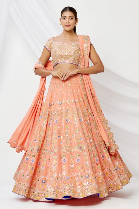 Bridal Silk Lehenga In Wine Color With Contrast Peach Dupatta Heavily  Embellished In Moti, Salli, Sequins And Zardosi - Aara Couture