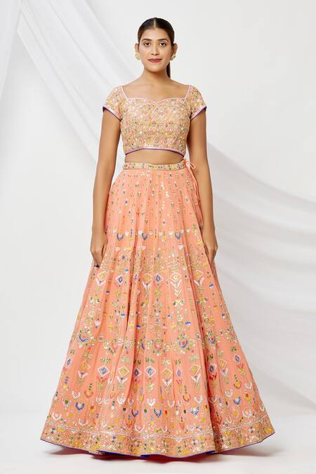 Tamanna Punjabi Kapoor Peach Sweetheart Neck Embroidered Bridal Lehenga Set Online at Aza Fashions Tamanna Punjabi Kapoor_Peach Sweetheart Neck Embroidered Bridal Lehenga Set _Online_at_Aza_Fashions
