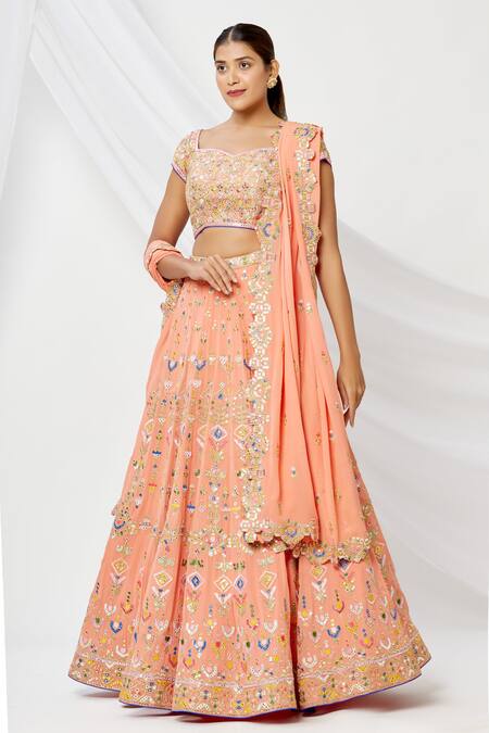 Buy Tamanna Punjabi Kapoor Peach Sweetheart Neck Embroidered Bridal Lehenga Set Online at Aza Fashions Buy_Tamanna Punjabi Kapoor_Peach Sweetheart Neck Embroidered Bridal Lehenga Set _Online_at_Aza_Fashions