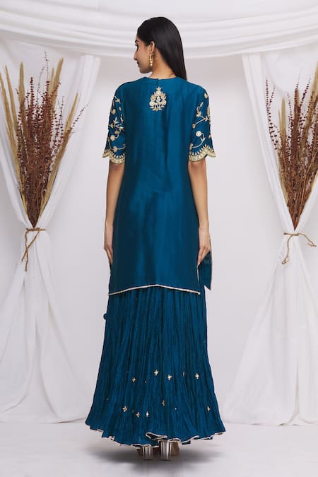 Shop Surbhi Shah Blue Chanderi Floral Motifs Round Kurta Lehenga Set at Aza Fashions Shop_Surbhi Shah_Blue Chanderi Floral Motifs Round Kurta Lehenga Set _at_Aza_Fashions