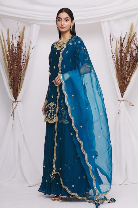 Surbhi Shah Blue Chanderi Floral Motifs Round Kurta Lehenga Set Online at Aza Fashions Surbhi Shah_Blue Chanderi Floral Motifs Round Kurta Lehenga Set _Online_at_Aza_Fashions