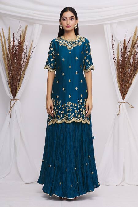 Buy Surbhi Shah Blue Chanderi Floral Motifs Round Kurta Lehenga Set Online at Aza Fashions Buy_Surbhi Shah_Blue Chanderi Floral Motifs Round Kurta Lehenga Set _Online_at_Aza_Fashions