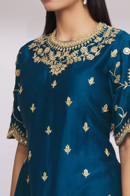 Surbhi Shah Blue Chanderi Floral Motifs Round Kurta Lehenga Set at Aza Fashions Surbhi Shah_Blue Chanderi Floral Motifs Round Kurta Lehenga Set _at_Aza_Fashions