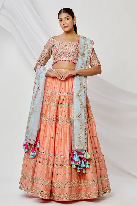 Buy Tamanna Punjabi Kapoor Peach Scoop Neck Embroidered Tiered Lehenga Set Online at Aza Fashions Buy_Tamanna Punjabi Kapoor_Peach Scoop Neck Embroidered Tiered Lehenga Set _Online_at_Aza_Fashions