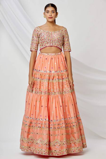 Tamanna Punjabi Kapoor Peach Scoop Neck Embroidered Tiered Lehenga Set Online at Aza Fashions Tamanna Punjabi Kapoor_Peach Scoop Neck Embroidered Tiered Lehenga Set _Online_at_Aza_Fashions