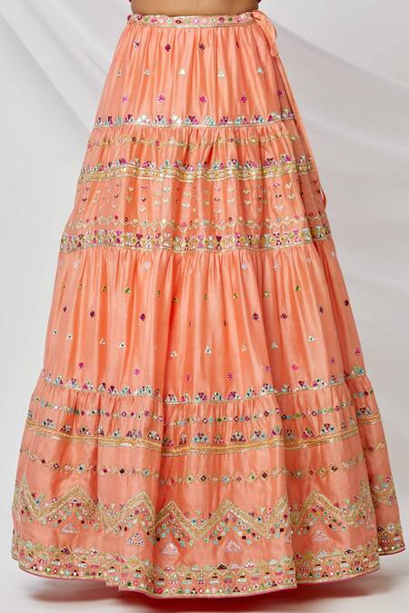 Tamanna Punjabi Kapoor Peach Scoop Neck Embroidered Tiered Lehenga Set at Aza Fashions Tamanna Punjabi Kapoor_Peach Scoop Neck Embroidered Tiered Lehenga Set _at_Aza_Fashions