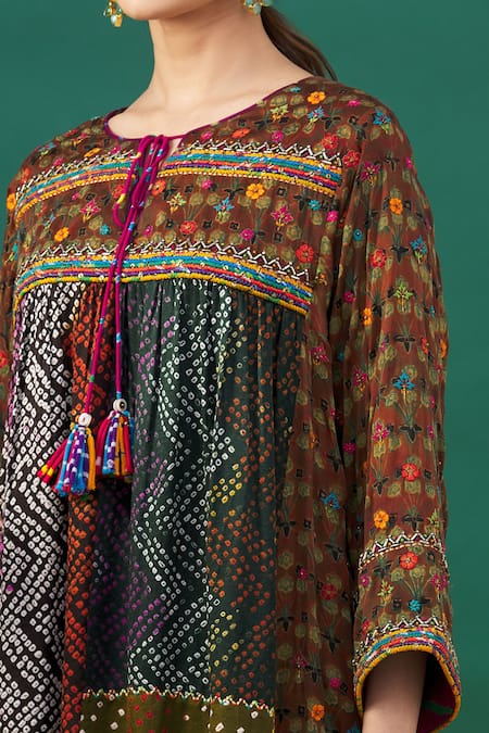 Shop_Sunira Designs_Multi Color Printed And Embroidered Bandhani Panelled Front Tie-up Kurta _Online_at_Aza_Fashions