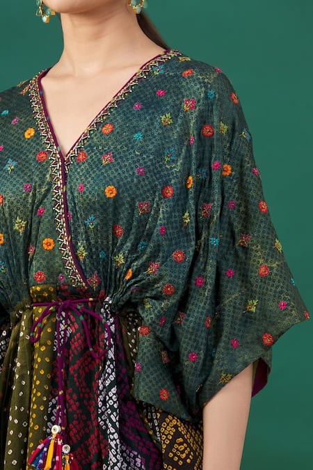 Shop_Sunira Designs_Multi Color Embroidered Floral V Neck Printed Kaftan Kurta _Online_at_Aza_Fashions