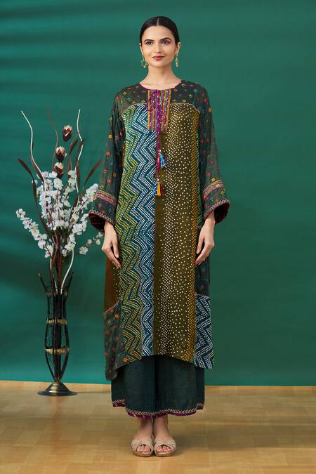 Buy_Sunira Designs_Multi Color Printed And Embroidered Bandhani Panelled Front Tie-up Kurta _Online_at_Aza_Fashions