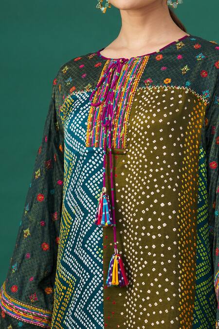 Shop_Sunira Designs_Multi Color Printed And Embroidered Bandhani Panelled Front Tie-up Kurta _Online_at_Aza_Fashions