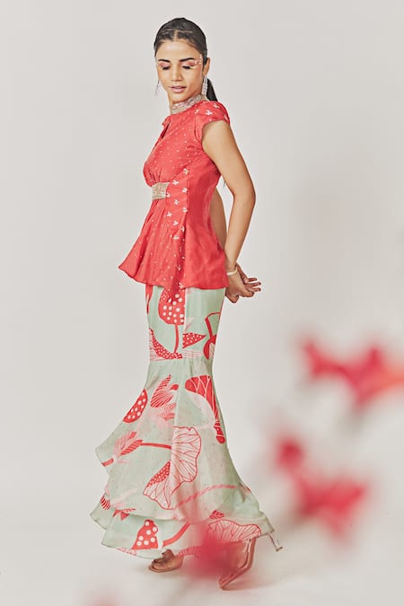 Buy_Anu Pellakuru_Red Muslin, Silk Cut Work, Sequins, Embroidery High Embellished Top With Sharara_Online_at_Aza_Fashions
