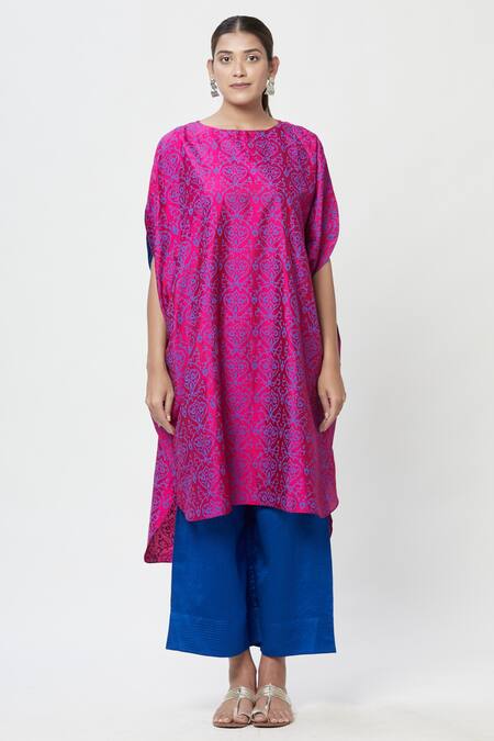 Rachana Ved_Pink Printed U Neck Asymmetric Kurta And Pant Set  _Online_at_Aza_Fashions