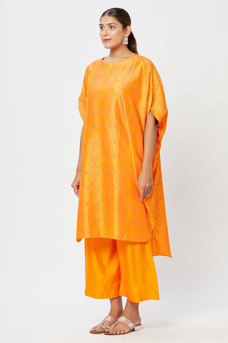 Buy_Rachana Ved_Orange Printed U Neck Asymmetric Kurta And Pant Set  _Online_at_Aza_Fashions
