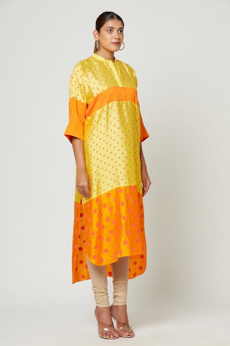 Rachana Ved_Yellow Printed Polka Dots Notched Color Block Tunic  _Online_at_Aza_Fashions