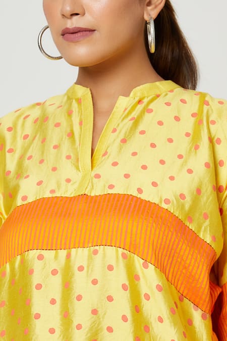 Rachana Ved_Yellow Printed Polka Dots Notched Color Block Tunic  _at_Aza_Fashions