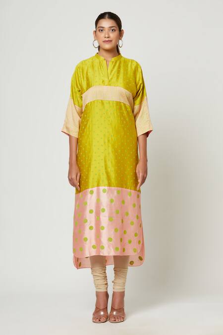 Shop_Rachana Ved_Green Printed Polka Dots Notched Tunic  _Online_at_Aza_Fashions