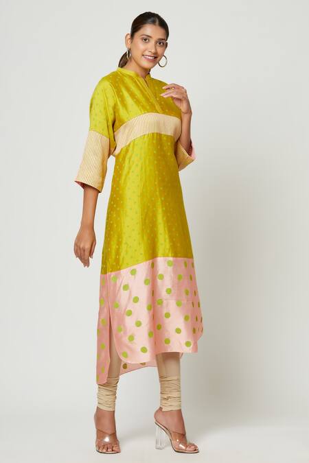 Buy_Rachana Ved_Green Printed Polka Dots Notched Tunic  _Online_at_Aza_Fashions