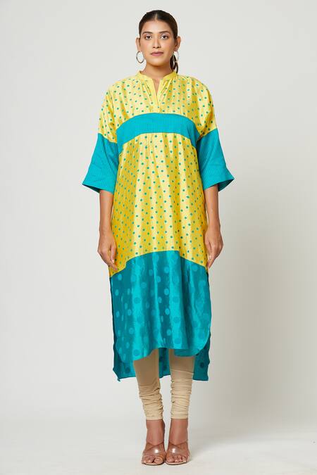 Rachana Ved_Blue Printed Polka Dots Notched Color Block Tunic  _Online_at_Aza_Fashions