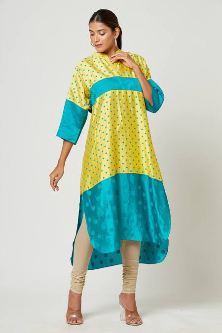 Buy_Rachana Ved_Blue Printed Polka Dots Notched Color Block Tunic  _Online_at_Aza_Fashions