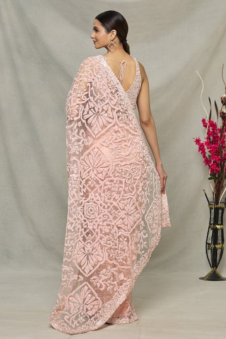 Shop Seema Gujral Pink Floral Applique Saree With Blouse at Aza Fashions Shop_Seema Gujral_Pink Floral Applique Saree With Blouse_at_Aza_Fashions