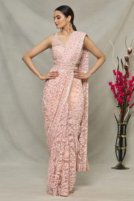 Seema Gujral Pink Floral Applique Saree With Blouse Online at Aza Fashions Seema Gujral_Pink Floral Applique Saree With Blouse_Online_at_Aza_Fashions