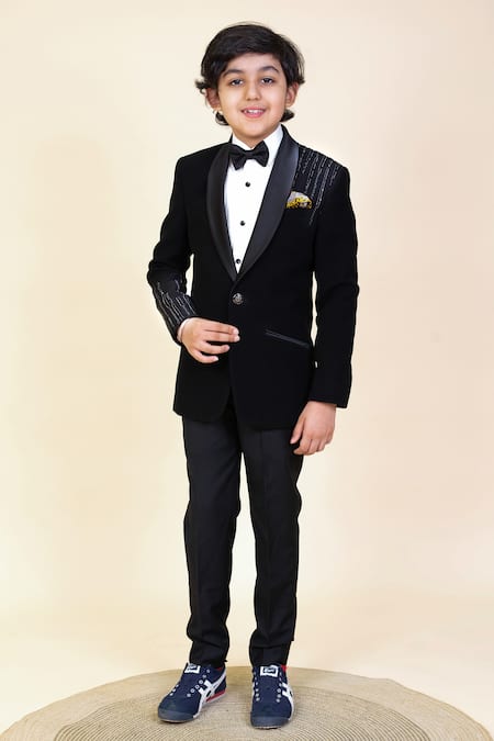 Little Boys Closet_Black Cotton, Satin Bows, Cut Work Embroidered Tuxedo And Pant Set _Online_at_Aza_Fashions
