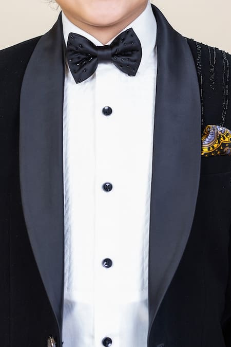 Shop_Little Boys Closet_Black Cotton, Satin Bows, Cut Work Embroidered Tuxedo And Pant Set _Online_at_Aza_Fashions