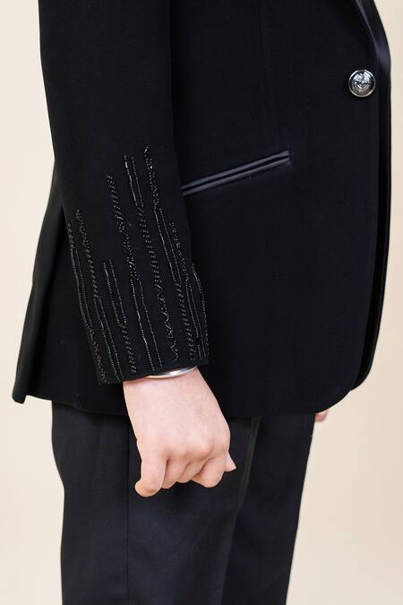 Little Boys Closet_Black Cotton, Satin Bows, Cut Work Embroidered Tuxedo And Pant Set _at_Aza_Fashions