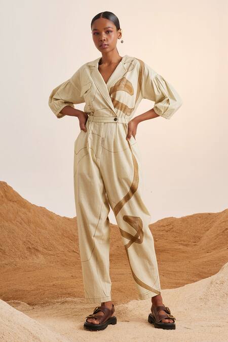 Cord_Off White Cotton Collared Top Stitch Printed Jumpsuit _Online_at_Aza_Fashions