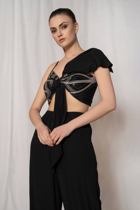 Shop_Amrta By Guneet Kondal_Black Viscose Beads, Sequins V-neck Embellished Draped Top And Pant Set_Online_at_Aza_Fashions