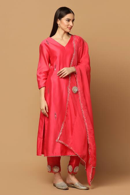 Buy Two Sisters By Gyans Pink Cotton, Chanderi Mirrors, Embroidery V-neck Kurta Set Online at Aza Fashions Buy_Two Sisters By Gyans_Pink Cotton, Chanderi Mirrors, Embroidery V-neck Kurta Set _Online_at_Aza_Fashions