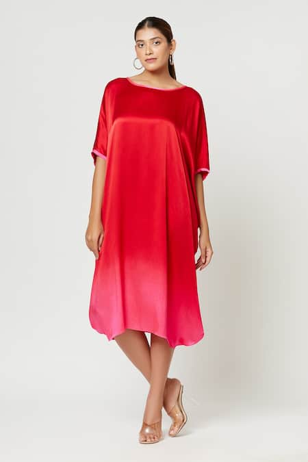 Rachana Ved - Red Solid U Neck Cowl Ombre Dress For Women