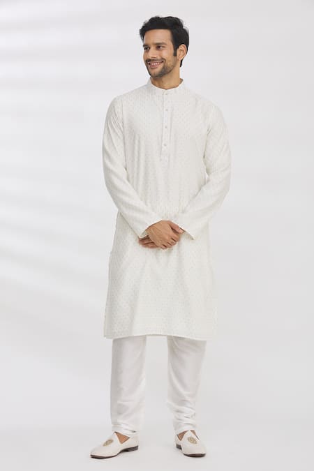 SOJANYA PLUS (Since 1958) Men's Silk Blend Wine Kurta & Cotton Off White  Churidar Pyjama Set